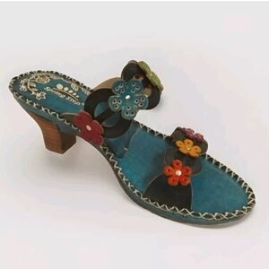 Spring Step Floral Applique Leather Heels Sandals Sz 37, US 6 Party Chic Summer